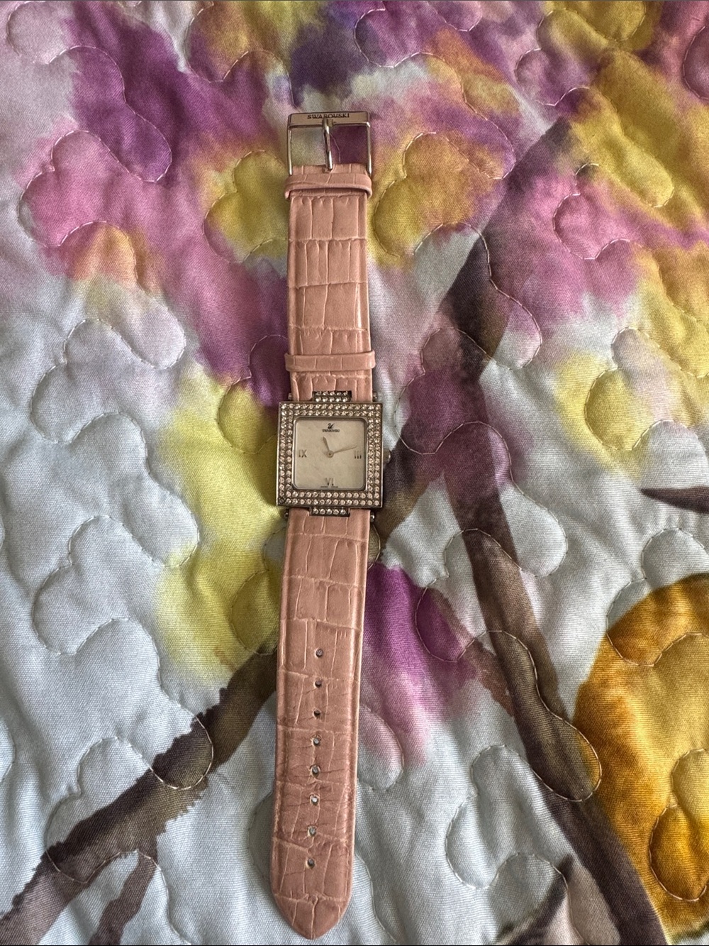 Swarovski Pink Croc-Pattern Leather Strap Watch with Crystal Square Bezel